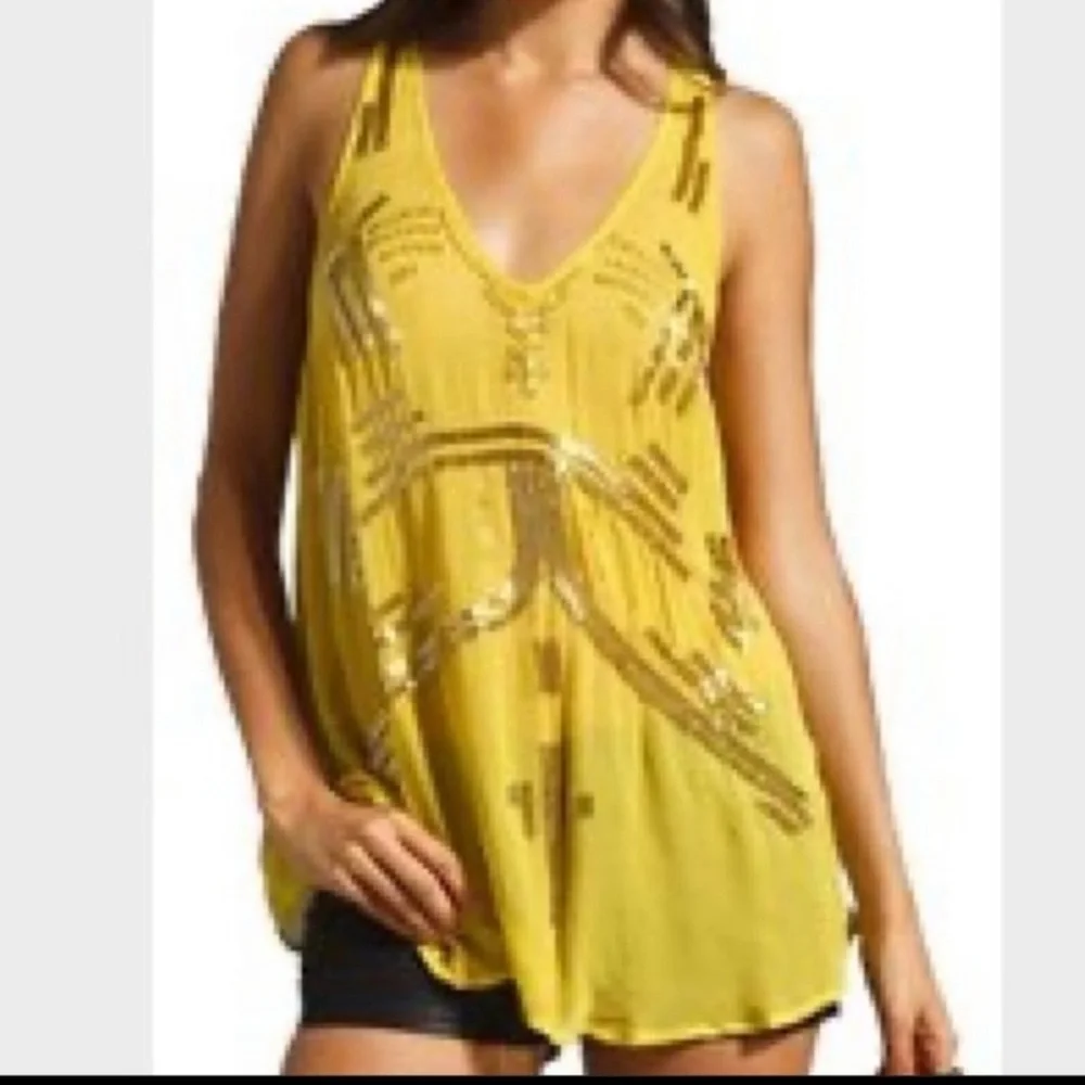 Free People Chartreuse Sheer Beaded Boho Racerback Tunic Yellow XS